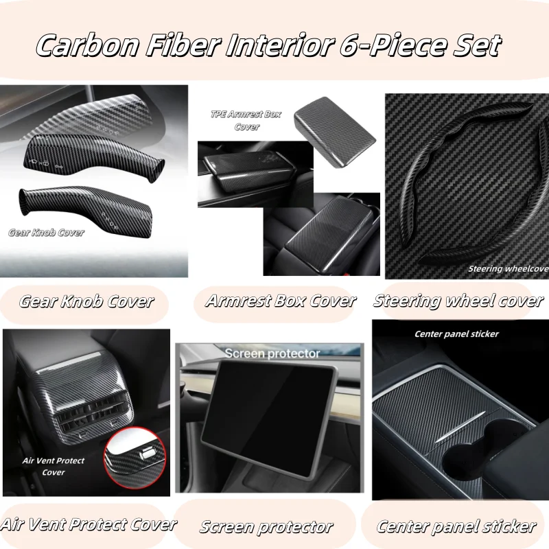 

For Tesla Model 3 Model Y Carbon Fiber Interior 6-Piece Set Center panel Armrest Box Gear Knob Steering wheel interior Modificat