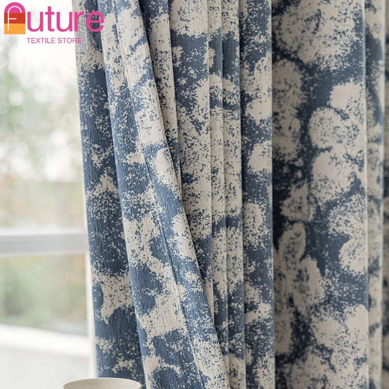 High Grade Blue Chenille White Oil Painting Jacquard Curtains for Living Room Bedroom Floor Customized Finished Products