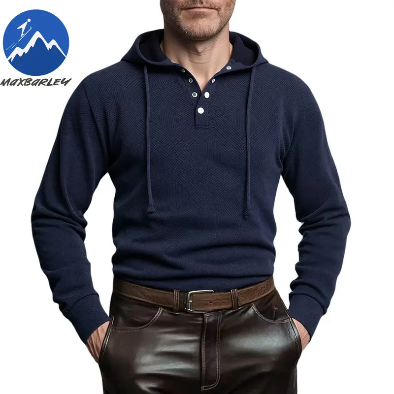 

Maxbarley повседневная толстовка с капюшоном для мужчин в стиле ретро, однотонная спортивная одежда с половиной пуговиц и длинными рукавами, весна 2026, мужские уличные рубашки поло, толстовки