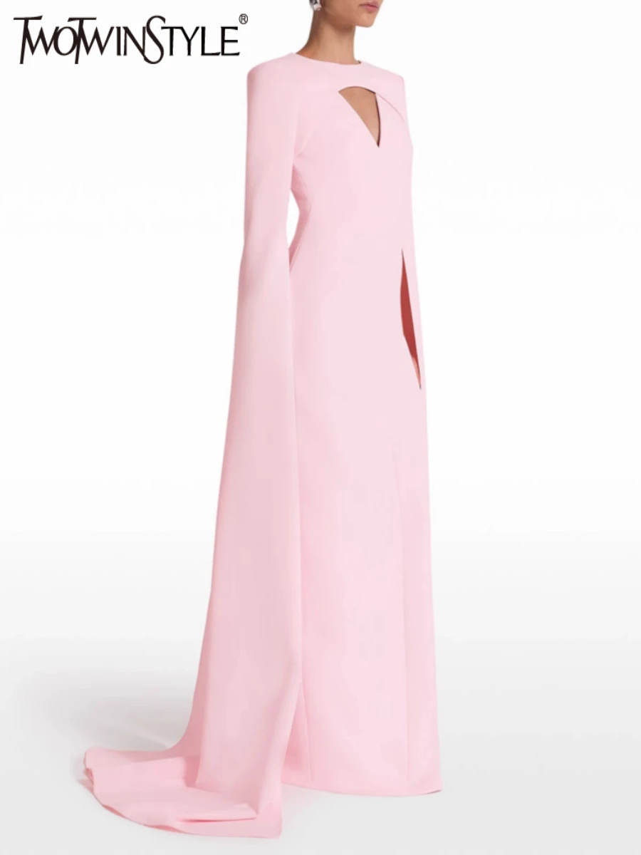 

TWOTWINSTYLE Solid Slimming Fashion Dresses for Women Round Neck Long Sleeves Patchwork Hollow Out Midi Dress Female Clothing