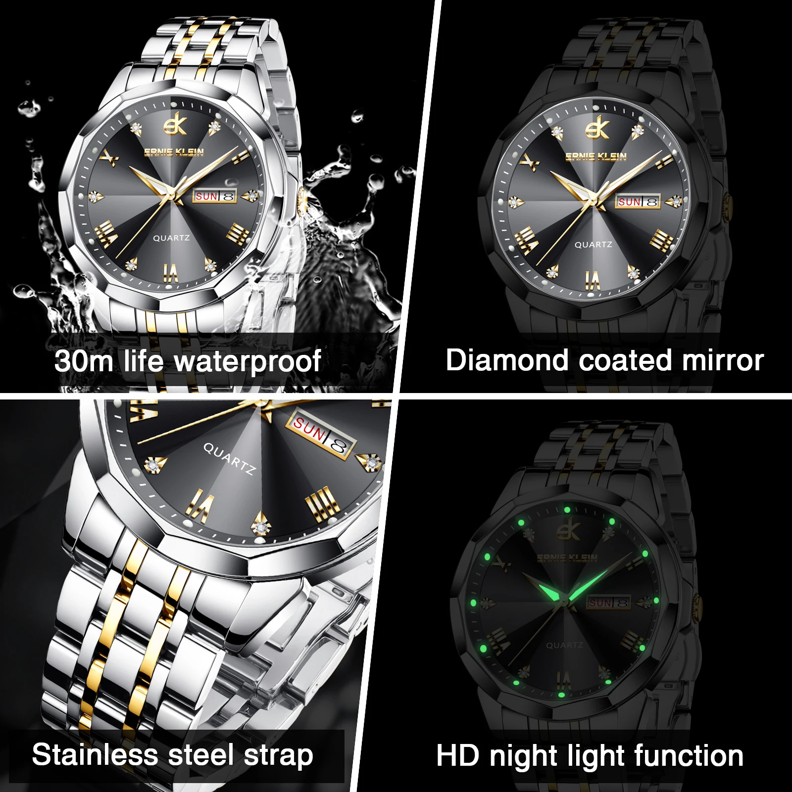 EK Men\'s Watches Rhombus Mirror Original Quartz Watch for Man Waterproof Luminous Stainless Steel Wristwatch Male Date Week