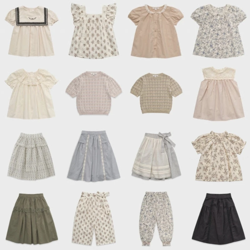 Children's Set 26 LOU Summer Girls' Hand-embroidered Lace-trimmed Floral Print Blouse Skirt Kid Top and Pants