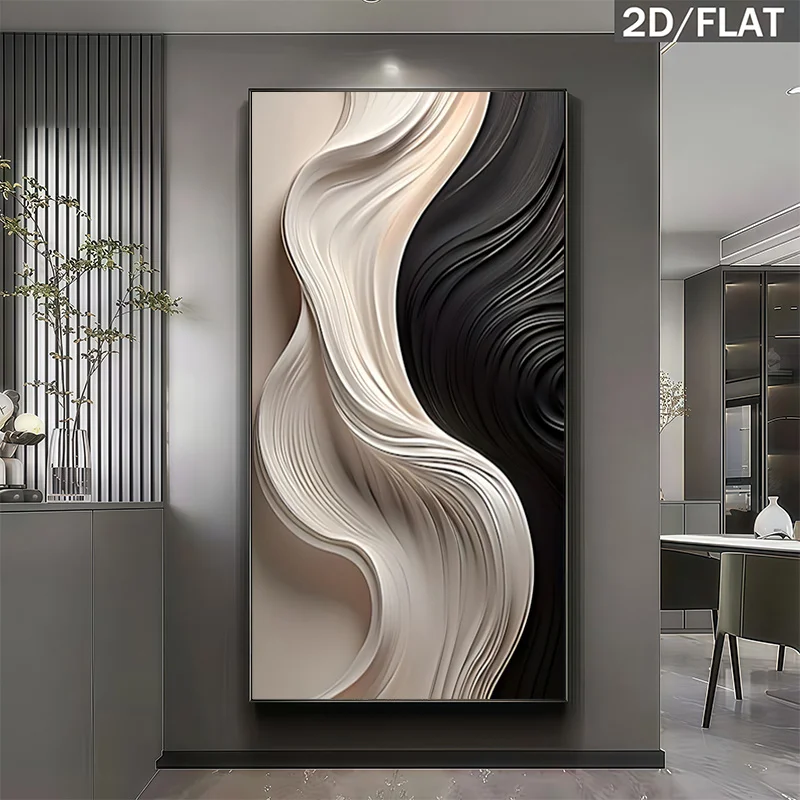 Frameless Abstract Wave Canvas Wall Art Piece in Black And White, Featuring a Modern Minimalist Design. 2D Flat, Print Is Suita