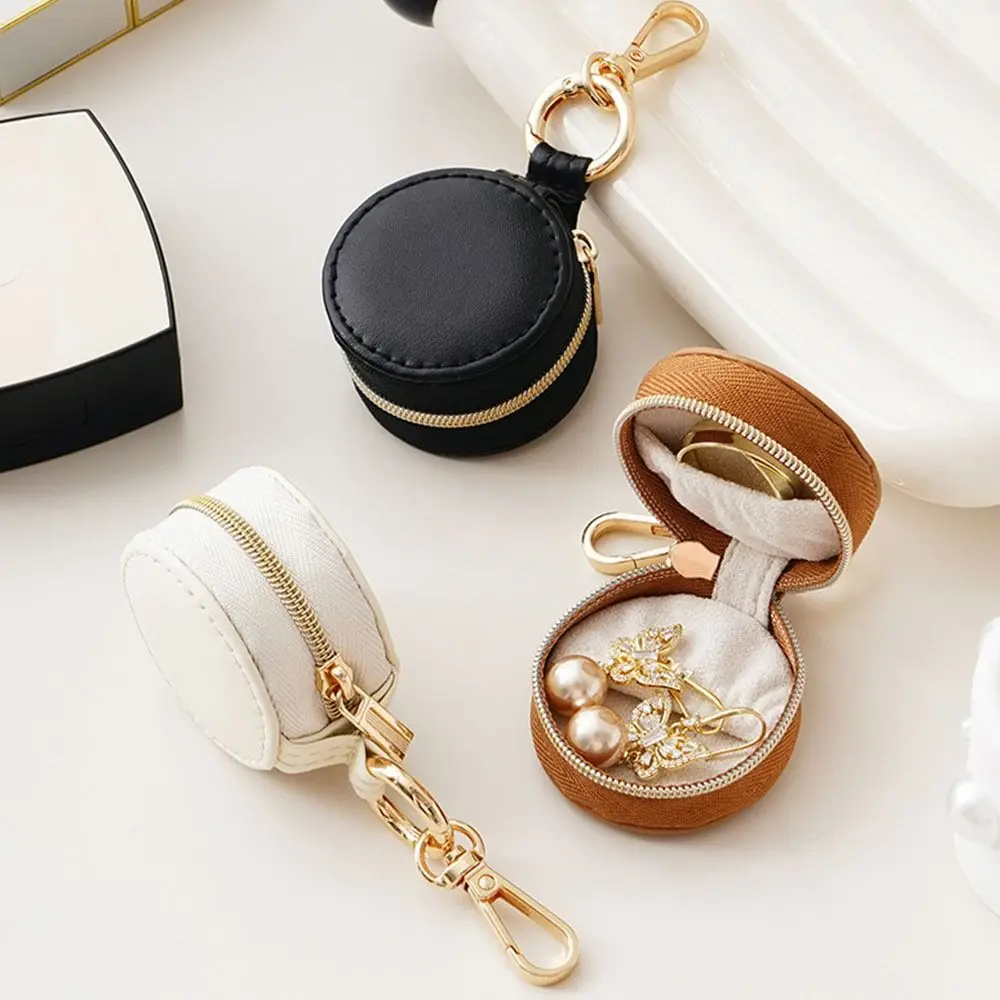 Creative Solid Colored PU Jewelry Case Round With keyring Jewelry Storage Box PU Leather Luxury Necklace Ring Case Travel