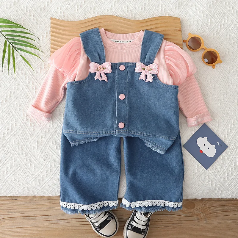 Spring Girls' Baby Clothes Fashion Design Sets T-shirt Top+Cowboy Strap Top+Jeans Suits for Girls' Baby Clothing Birthday Sets