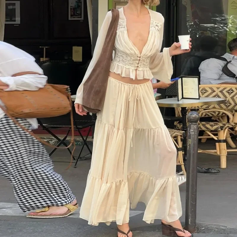 Sexy See Through Two Piece Skirt Set Women V Neck Lace Long Sleeve Blouse Maxi Skirt Matching Set Female Lace Up Two-piece Set