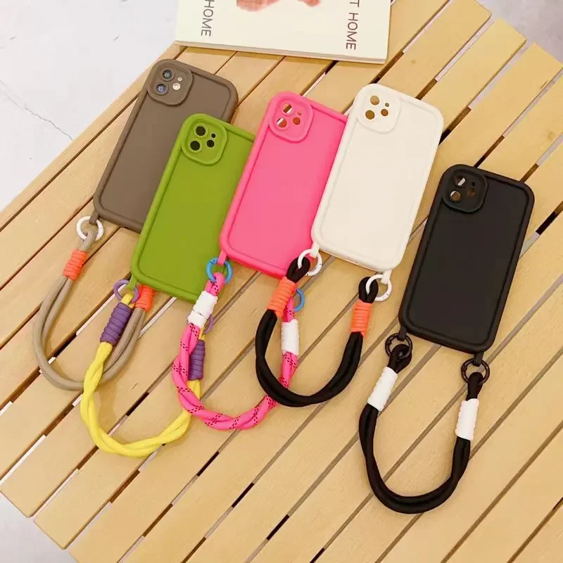 Candy Colors Anti-lost Soft silicon Hand Strap Phone Case For iPhone 15 14 13 12 11 Pro Max Plus + Lens protect Cover