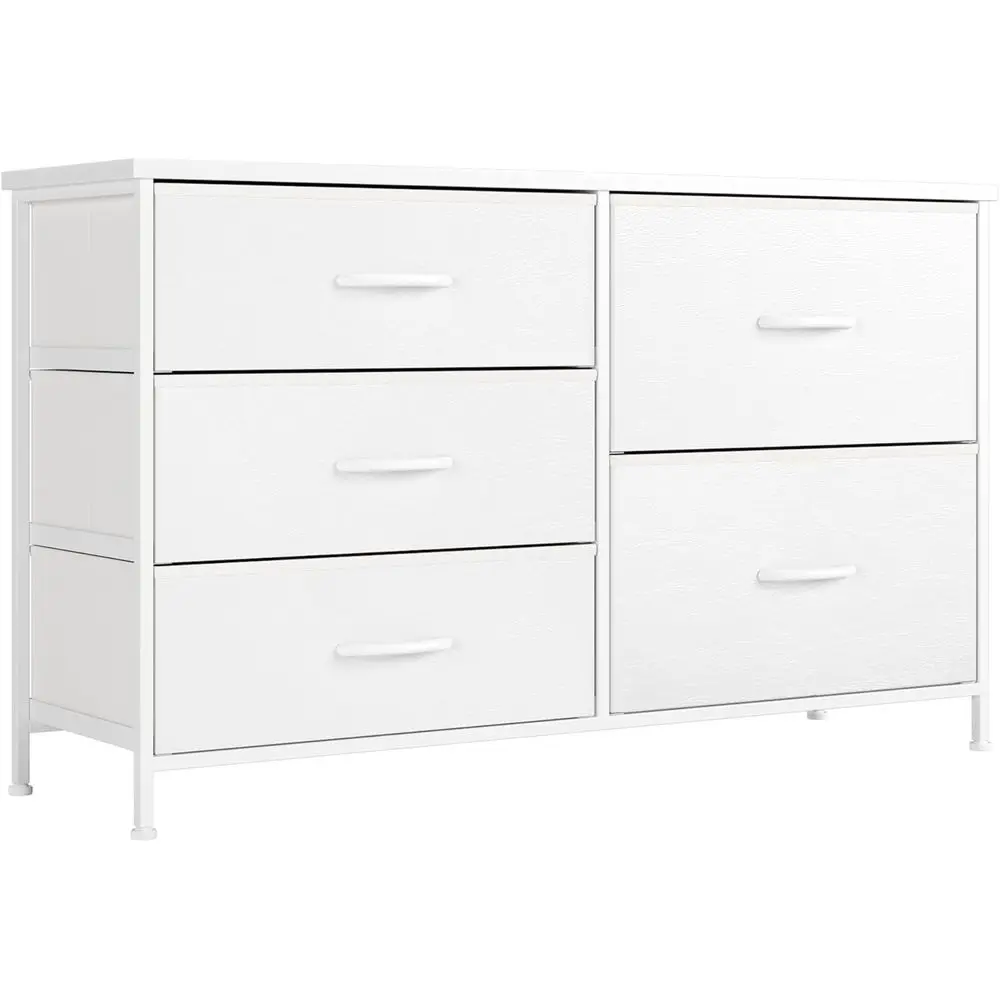 5 Drawer Bedroom Set with White Dresser, Small Drawers, Kids' Storage Solutions, Wide Chest with Fabric Drawers, Wooden Top