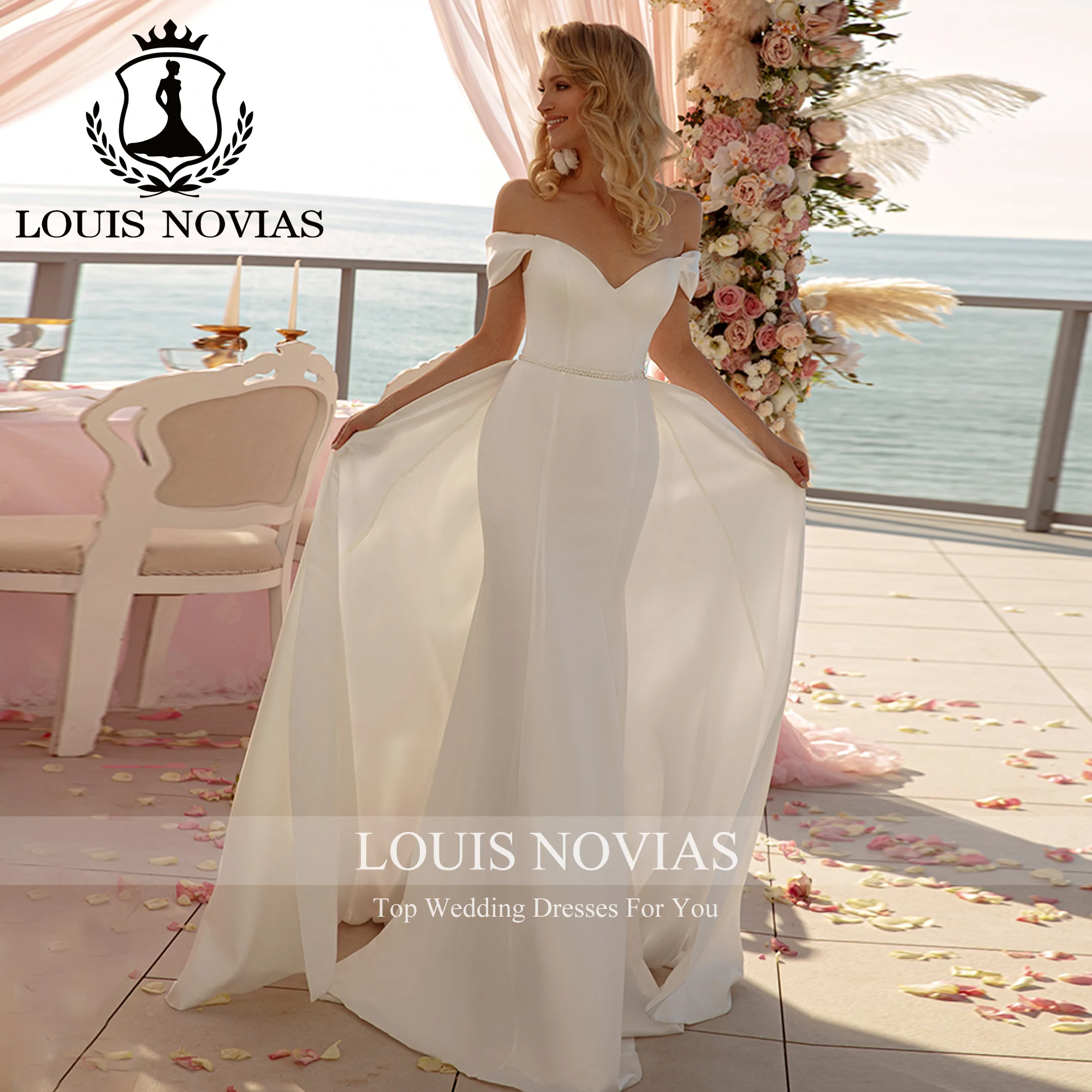 LOUIS NOVIAS Mermaid Satin Wedding Dress Sexy Off the Shoulder Sweetheart Detachable Train Wedding Gown Vestidos Novias De Saten