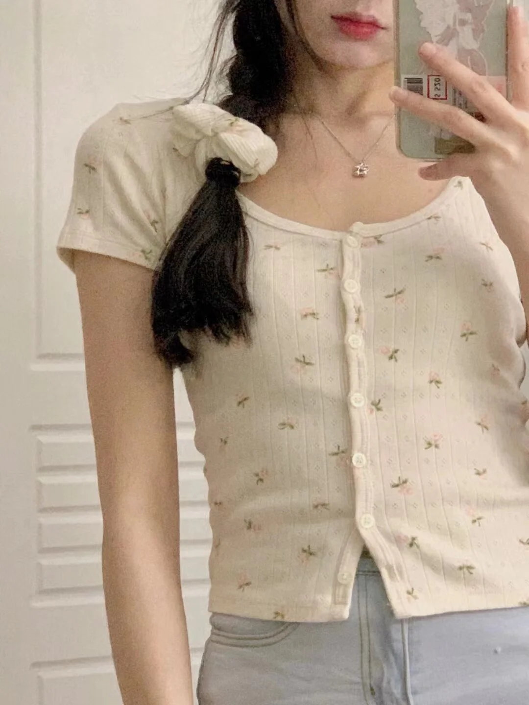 

Pure Cotton Floral Print Elastic ort Sve T-irt for Young Women Summer Commute round Ne Regular Fit Casual Top
