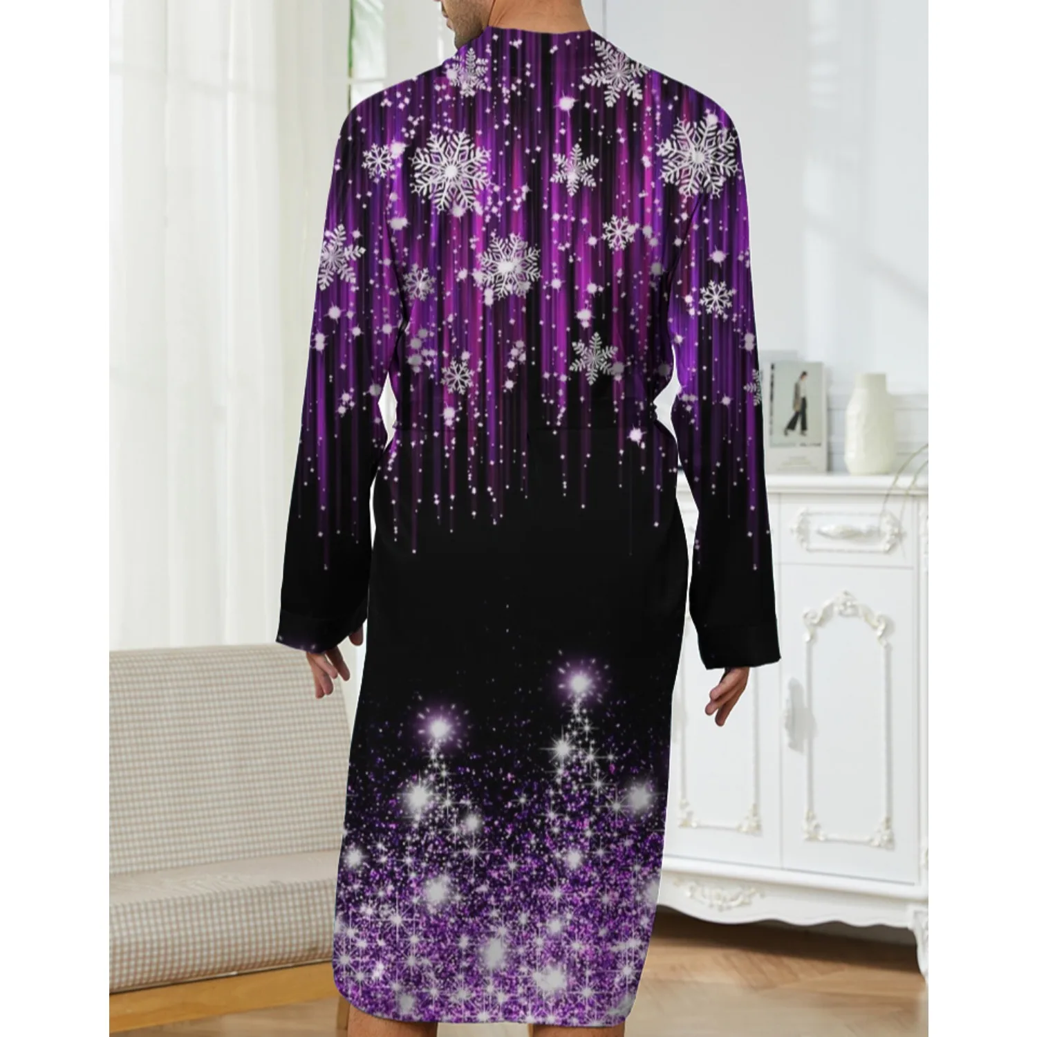 Spring and Autumn Digital Printed Snowflake Element Pattern Men's Bathrobe Home Trend, Men's Casual Robe Quick Drying.
