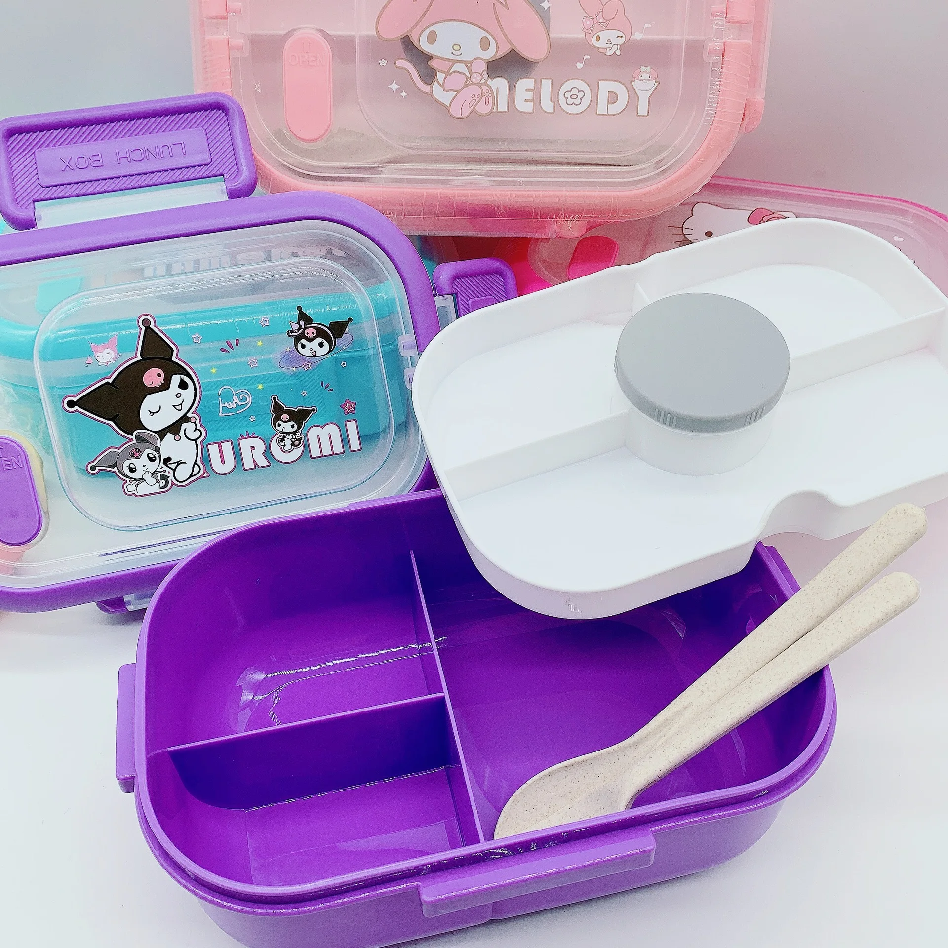 Sanrio Cinnamoroll Kuromi Mymelody Cartoon Compartment Lunch Box Plastic Portable Lunchbox Outdoor Camping Picnic Food Container