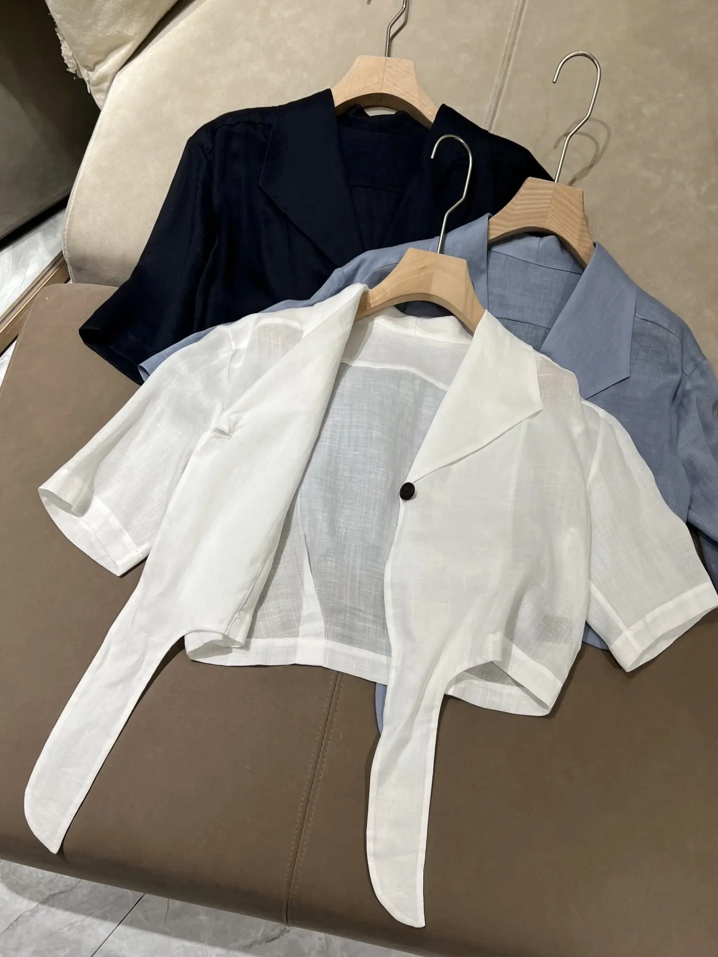 2026 Women's Spring and Summer New Ramie Short Lapel Knot Short-sleeved Shirt Top