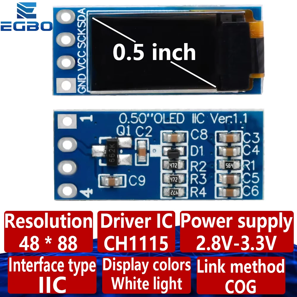 1~2PCS CH1115 0.5 Inch Monochrome OLED Module: 48×88 Pixels I2C Display – Portrait Orientation & Compatible Design