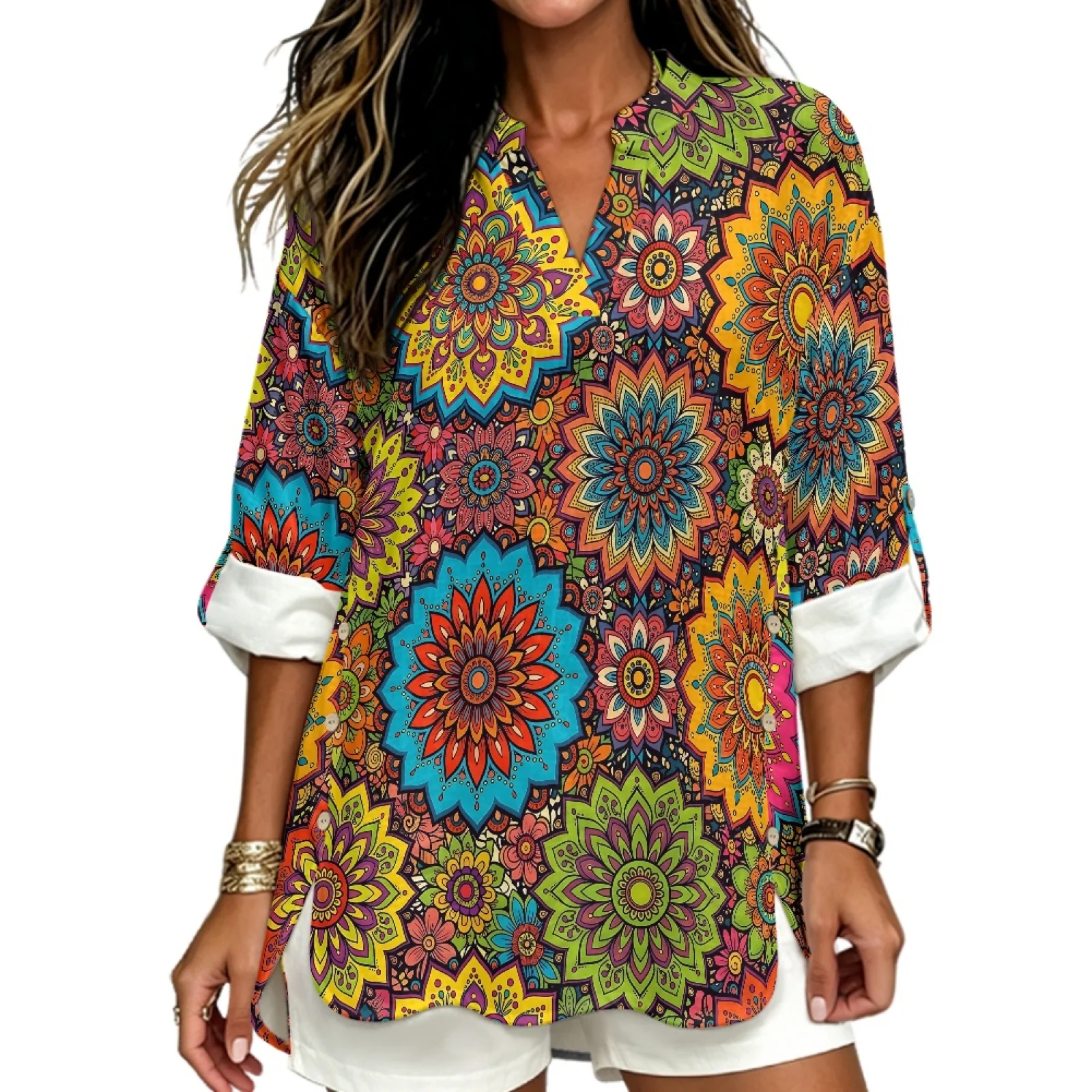 PENSTROLL Colorful Mandala Linen Like V Neck Shirts Trendy Tunic Shirts for Ladies Sizes S-5XL