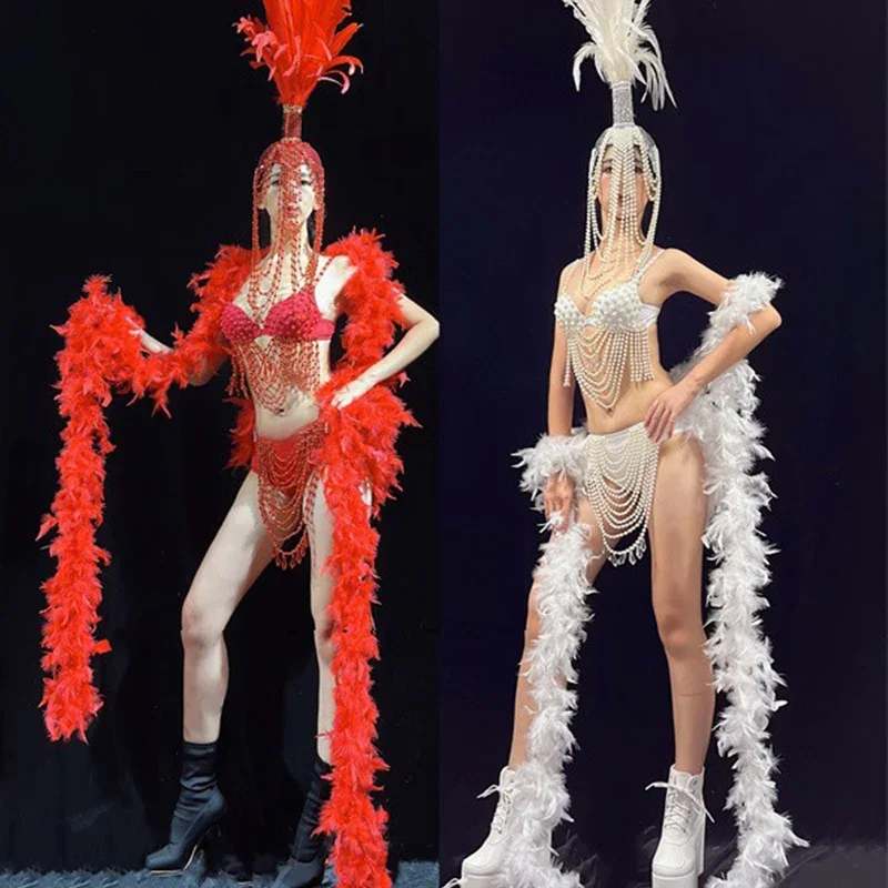 Nightclub Gogo Show Stage Costume Feather copricapo scialle Sexy Pearl Bikini Pole Dance Clothes Rave Festival Clothing