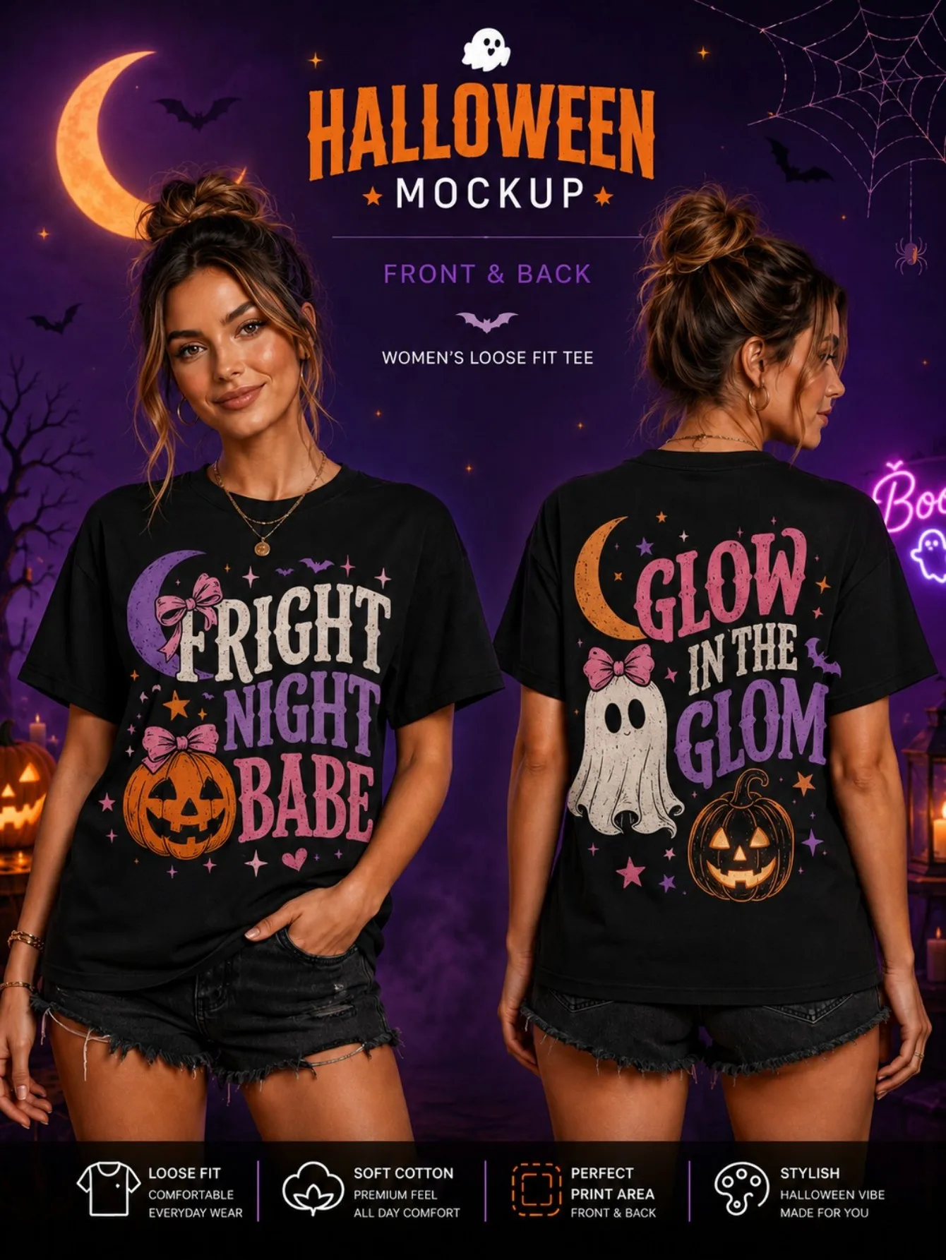 Ladies Halloween Ghost Pumpkin Moon Candy Bat Star Printed Short Sleeved T-shirt, Fun and Cute Dark Style Loose Fit