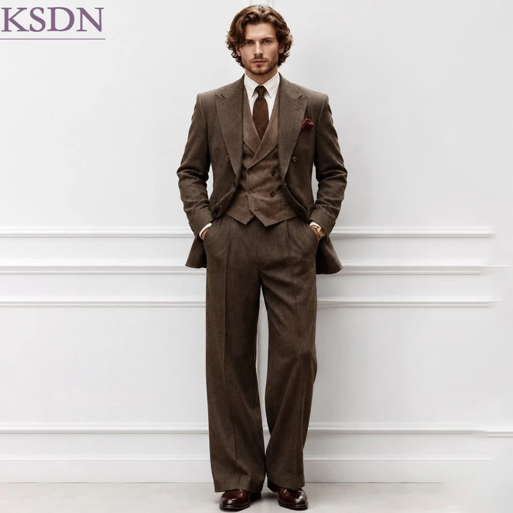 Elegant Vintage Solid Color Men's Suits Customized Single Breasted Peak Lapel Skinny Formal Business 3 Piece Jacket Panst Vest
