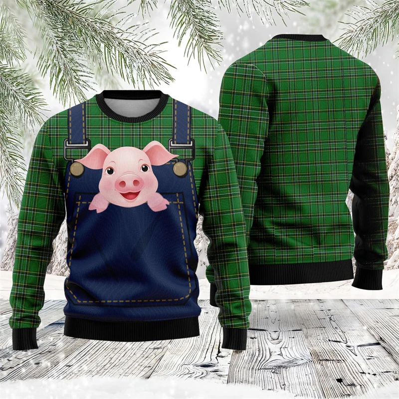 

3D Printed Cute Piggy Sweatshirt For Men Funny Pig Farm Christmas Pattern Hoodies Casual Harajuku Loose Tops Round Neck Pullover
