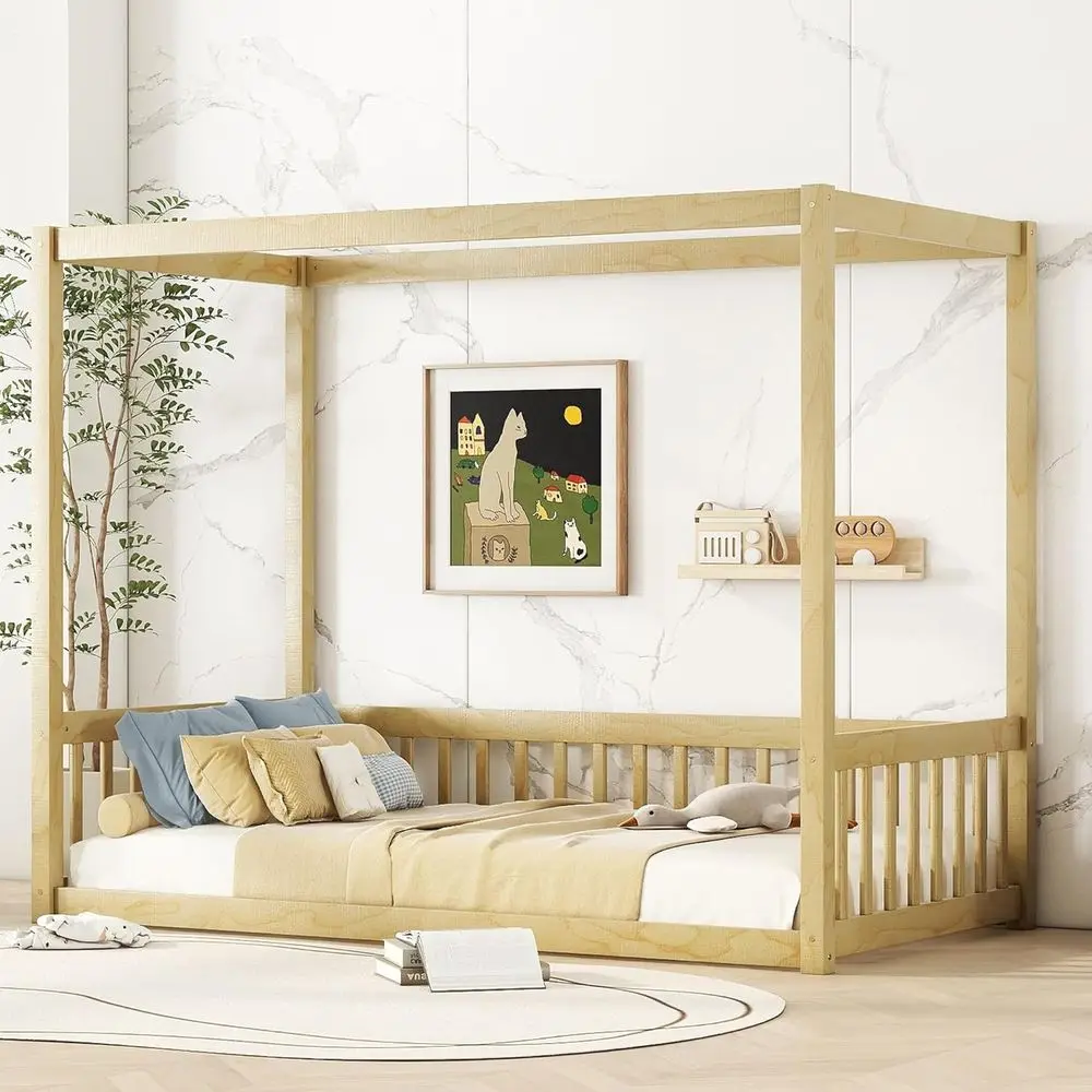 

Canopy Bed Frame with Guardrails for Kids, Floor Twin Bed with Four Poster Design, Montessori Floor Bed, Wood Canopy Bed Frame f