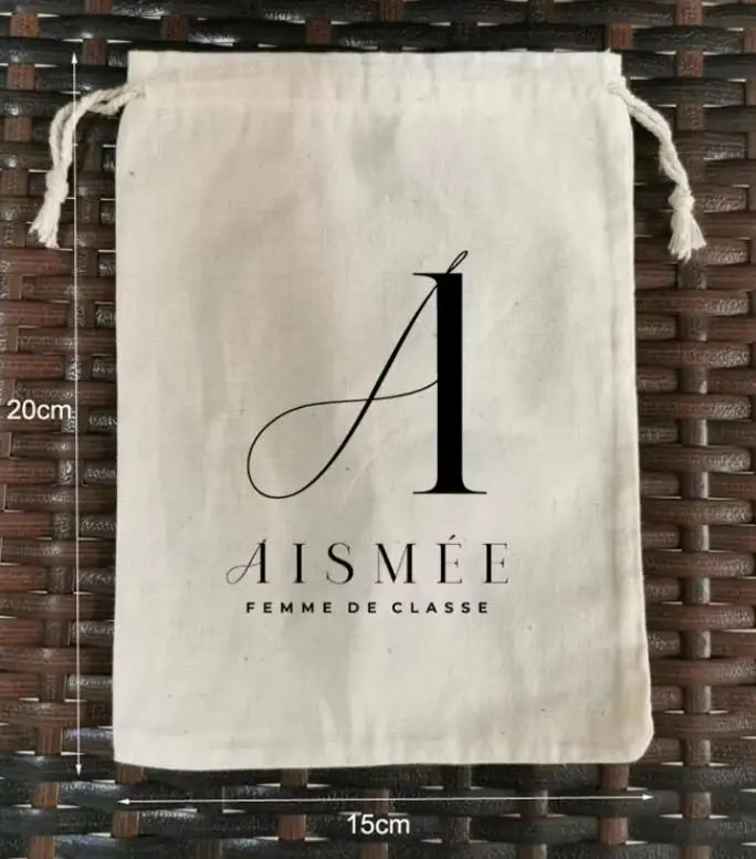 200 Pieces 15x20cm Natural Cotton Bags Drawstring Gift Pouches Screen Printed With Black Logo Customised Logo
