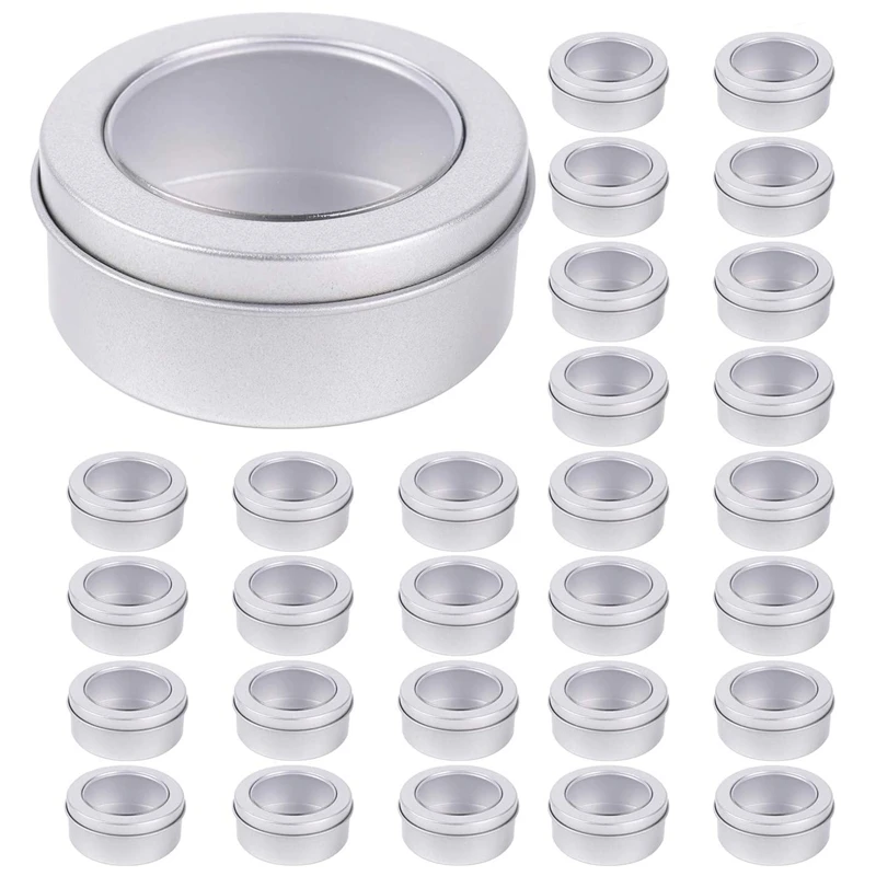 30 Pack 2 Ounce Metal Tin Cans - Round Empty Containers With Clear Top For Candles, Arts & Crafts, Storage In Kitchen