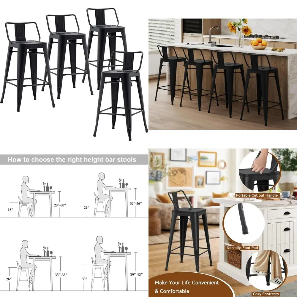 Juego de 4 taburetes de bar de metal de estilo industrial con soporte en X, negro mate, 30 pulgadas