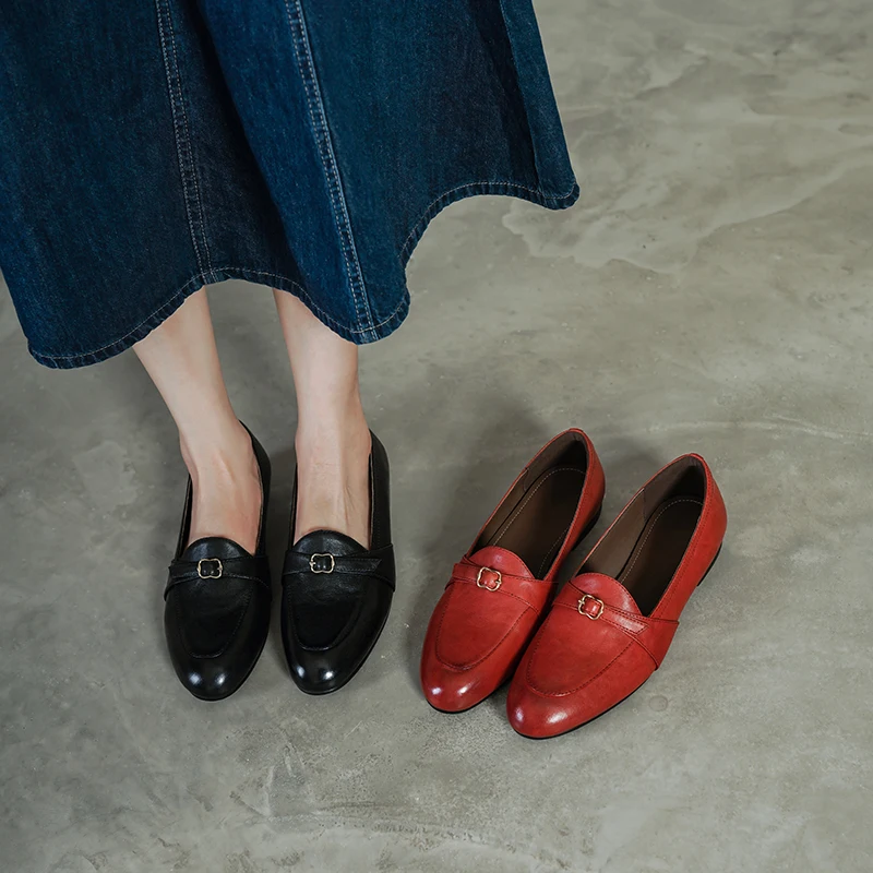 2026 new spring autumn women pumps natural leather 22-25 cm cowhide+sheepskin+pigskin round toe buckle women shoes loafers