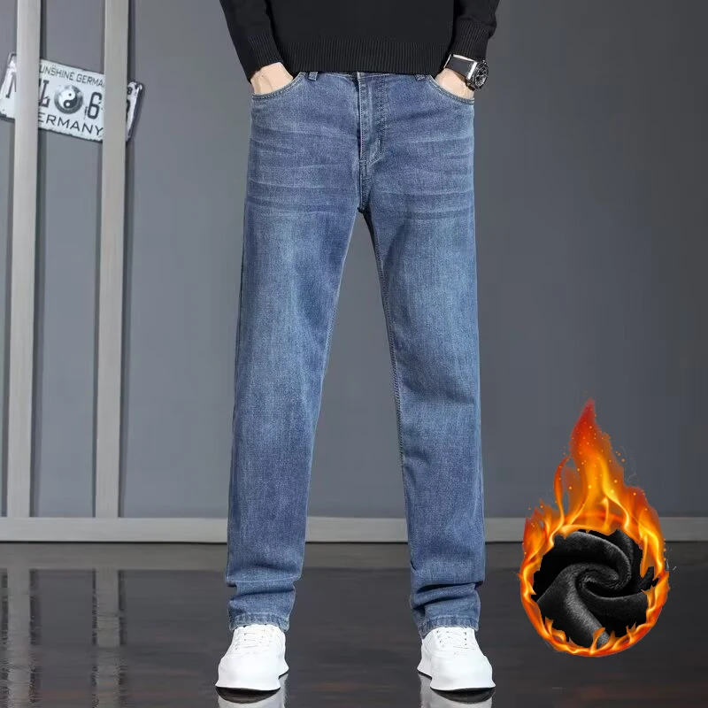 2026 Winter New Thickened Warm Jeans Men Casual Straight Leg Fleece Denim Trousers Male Business Work Stretch Pants