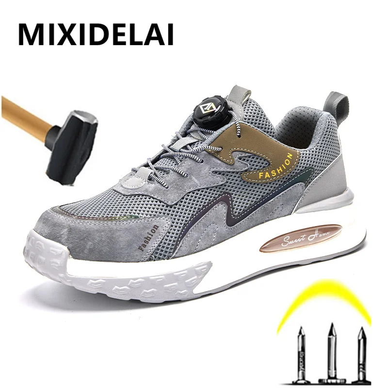 Non-slip Work Safety Shoes For Men Steel Toe Cap Protective Shoes Puncture-Proof Work Shoes Sneakers Rotating Button Men Shoes