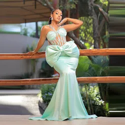 Mint Green Mermaid Evening Dresses With Detachable Bow Beads Appliques Sexy Plus Size Women Prom Dres Formal Gowns To Party