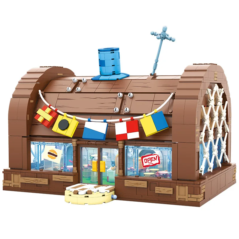 SpongeBob SquarePants Crab Burger King Restaurant Building Blocks Assembly Model Puzzle Street View Toys Gift Ornament