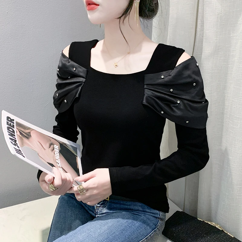 2023 New Fall Winter European Style Cotton T-Shirt Fashion Sexy Off Shoulder Shiny Rivet Slim Women Tops Long Sleeve Tees 30018