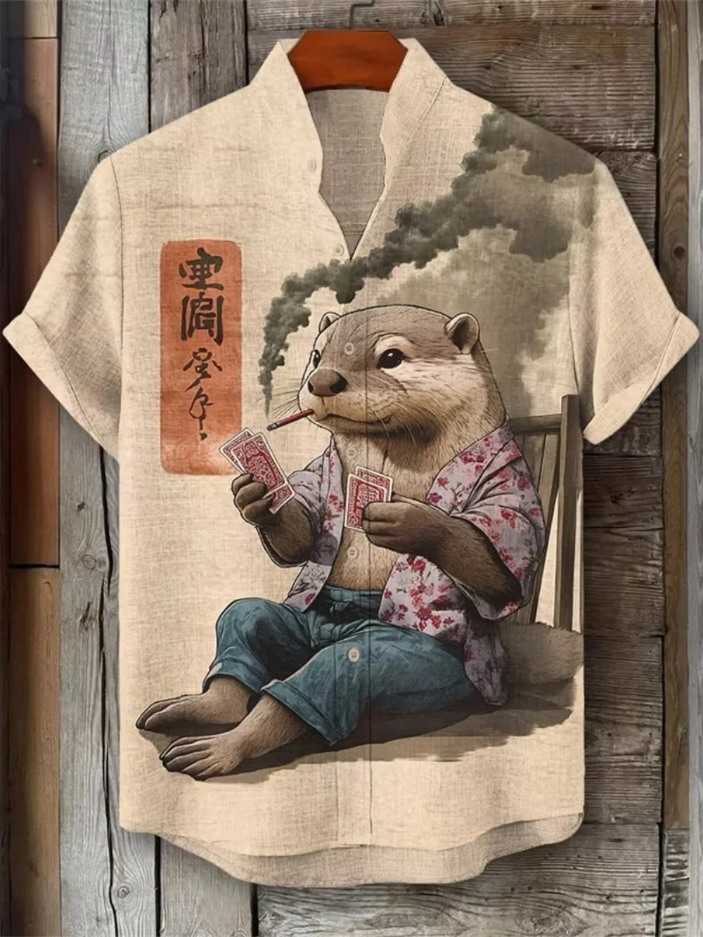 Summer Japanese Retro Art Printed Men's Shirt Fun Otter Cigar Poker Pattern Short Sleeve Beach Casual Linen Blended Shirt
