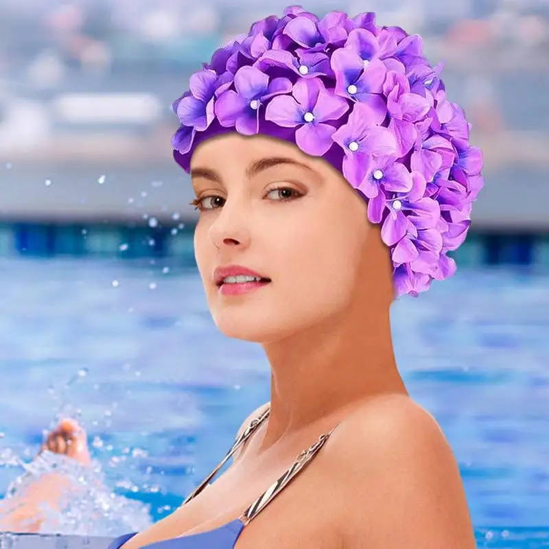 Flower Petal Fabric Swimming Cap Swim Pool Beach Surfing Protect Long Hair Ears Caps Hats Bath Cap For Women