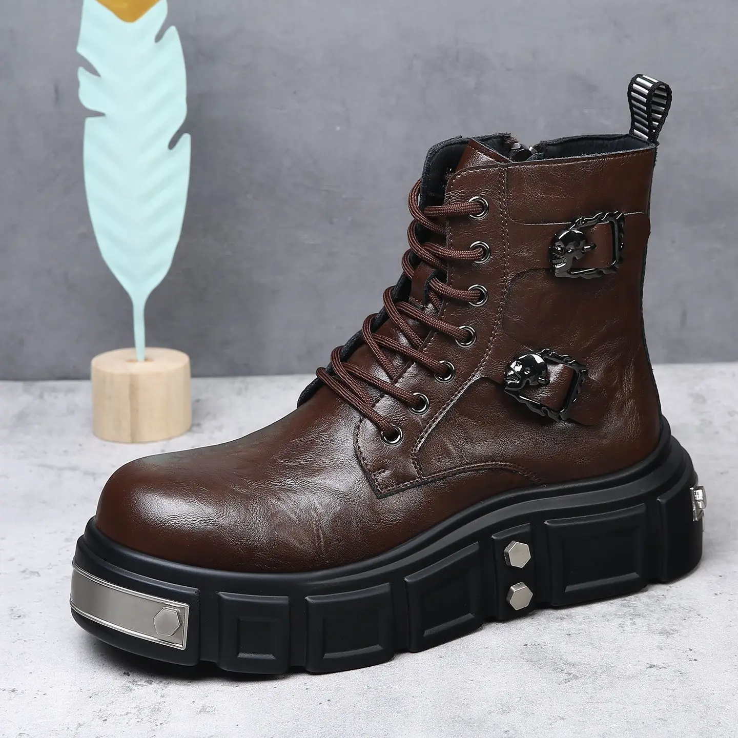 New Punk Thick-soled Men Genuine Leather Zipper High-top Locomotive motorcycle boots high top outdoor sports shoes