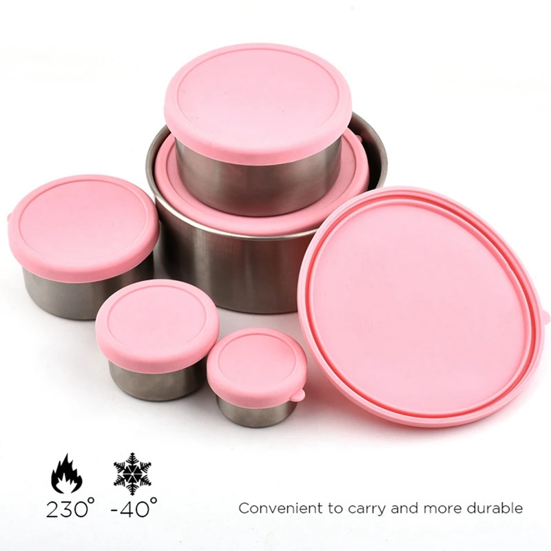 6PCS Stainless Steel Snack Container - No Plastic Leak Proof Snack Tank Silicone Cover Reusable Stackable Insulation