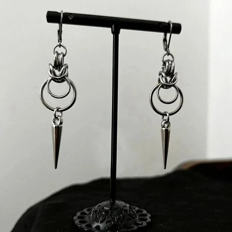 

Stainless Steel Gothic Chainmail Double O Ring Spike Earrings | Huggie Hoops | Silver Hoops