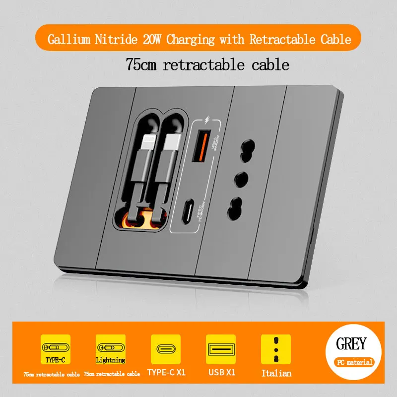 118-Type Wall Socket, Italian/Chilean 16A Round Hole Power Strip, USB Type-C 20W Charging Panel With 75cm Retractable Cable