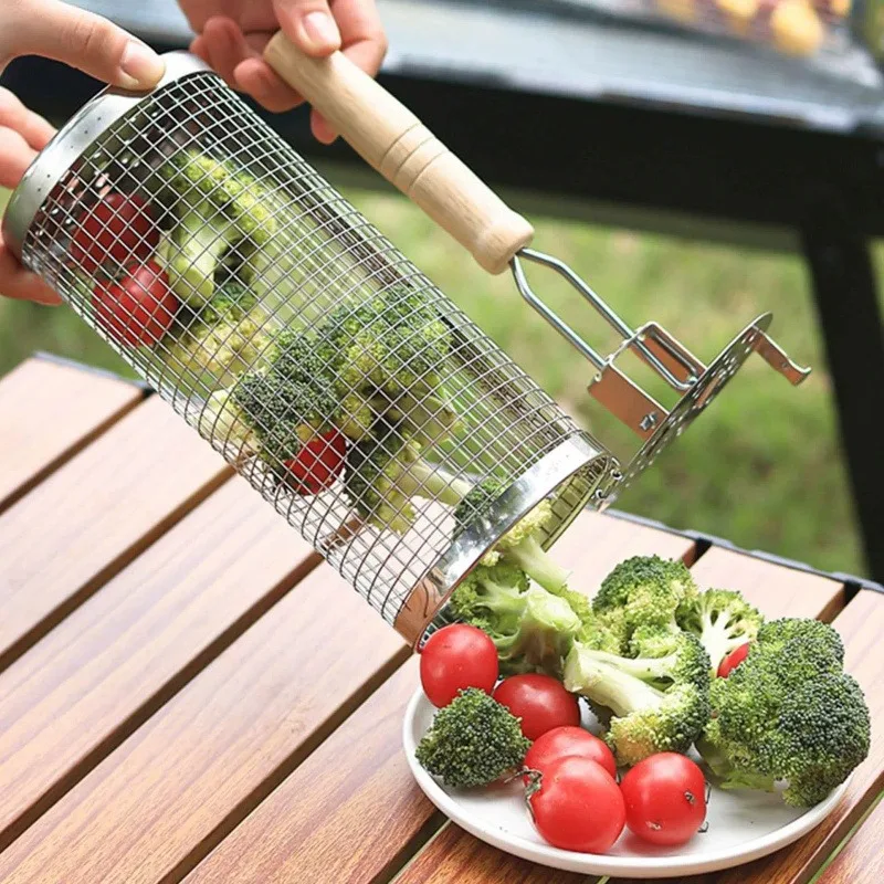 Rundes Grillkorb-Set aus Edelstahl, rollbarer Stahlgitter-Grill mit Griff, unverzichtbar für Outdoor-Camping – Detail 4
