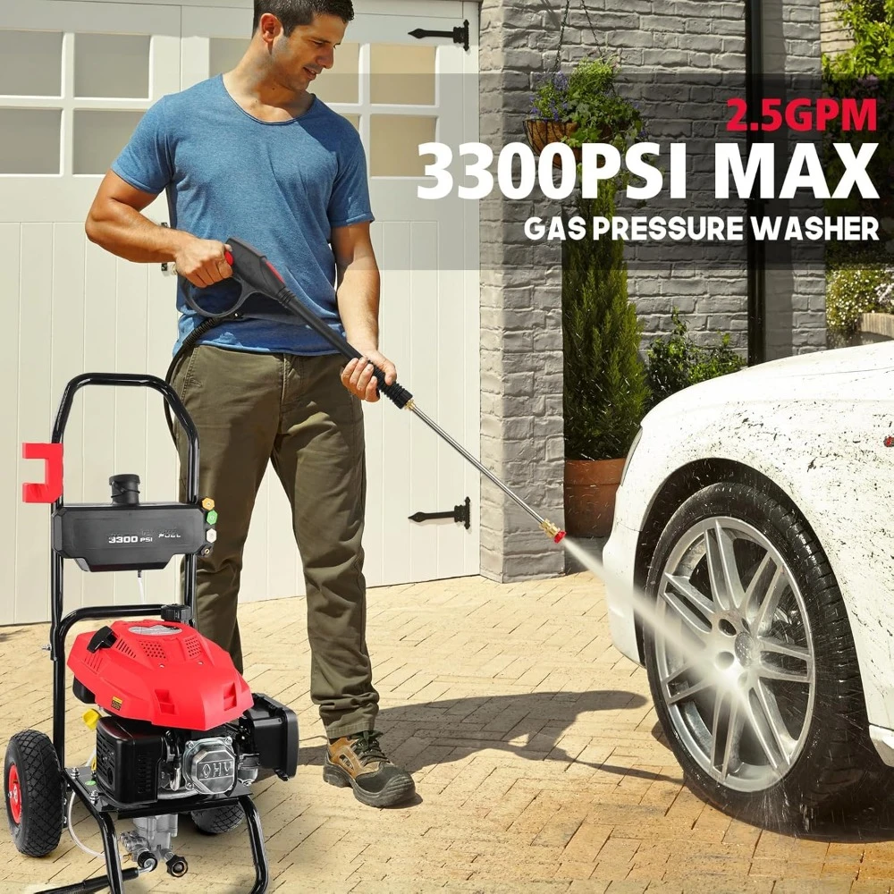 

Gas Pressure Washer 3300 PSI, 2.5 GPM, 201cc, 3800W with Onboard Soap Tank, Metal Spray Wand, 5 Nozzle for Cleaning Equipment,