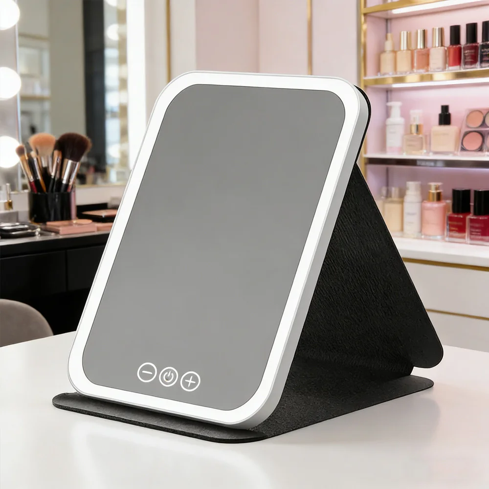 Lusterko do makijażu z podświetleniem LED, składane, ładowalne, przenośne - kompaktowe lusterko kosmetyczne do podróży i na biurko