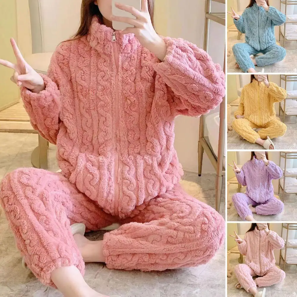 

Autumn and Winter Fashion Two Piece Set 2Pcs Jacquard Textured Stand Collar Zip Up Fuzzy Teddy Top & Pants Set for Women