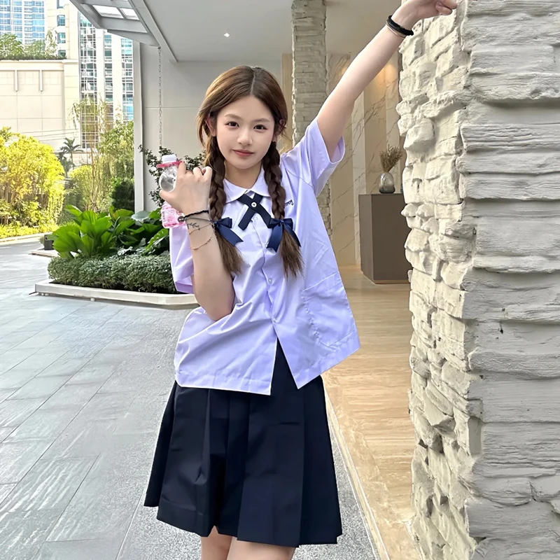 Men/Women JK Uniform Thai Style School Uniforms Short Sleeve White Shirt/Light Purple Shirt Preppy Style Pleated Skirt w/bow Tie