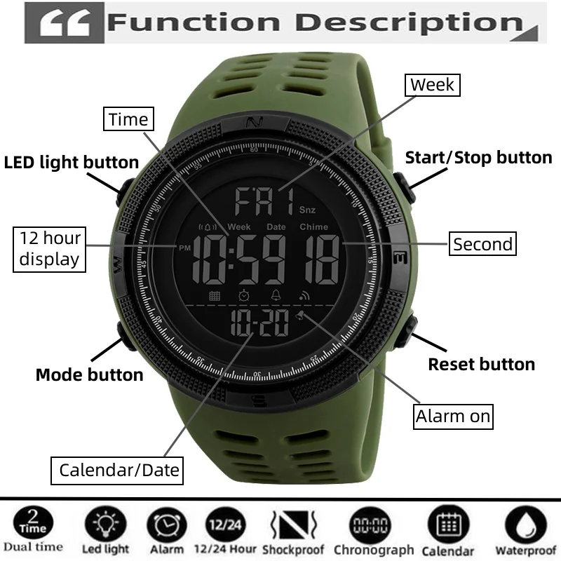 Skmei Fashion Sports Watches for Mens 50M Waterproof Swimming LED Chronograph Male Alarm Clock Dual Time Zone Digital Countdown