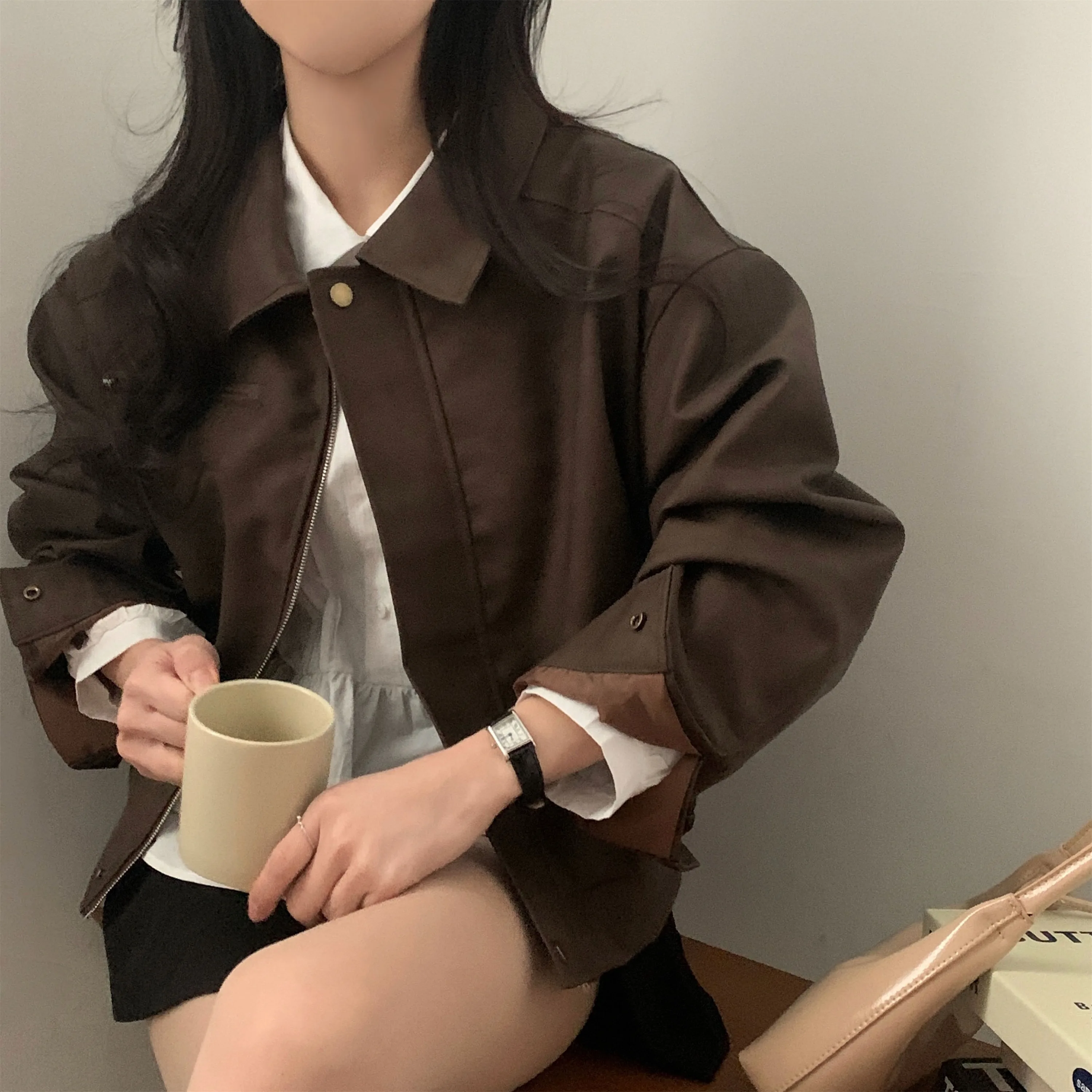 أنيقة الخريف جديد خمر فضفاض طويل Sve الجلد المدبوغ بولي Leather الجلود Jaet طوق معطف الكورية Sle المرأة Faion ملابس خارجية