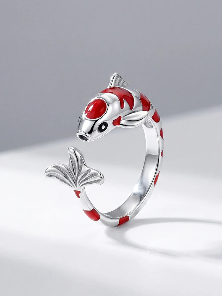 

925 Sterling Silver Lucky Red Carp Adjustable Ring For Women Anniversary Party Daily Wear Fashion Minimalism Fine Jewelry