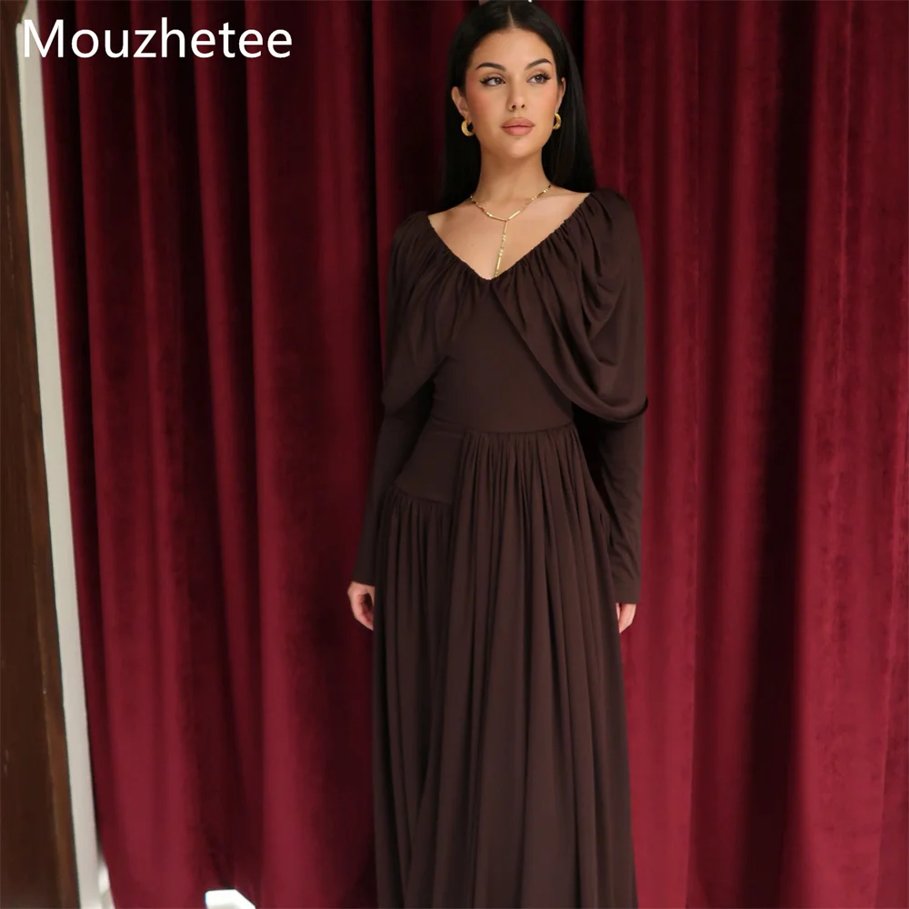 

Mouzhetee Elegant A-Line V-Neck Dresses Formal Party Gowns for Women Simple Pleat Long Sleeve Prom Gown Customize 2025