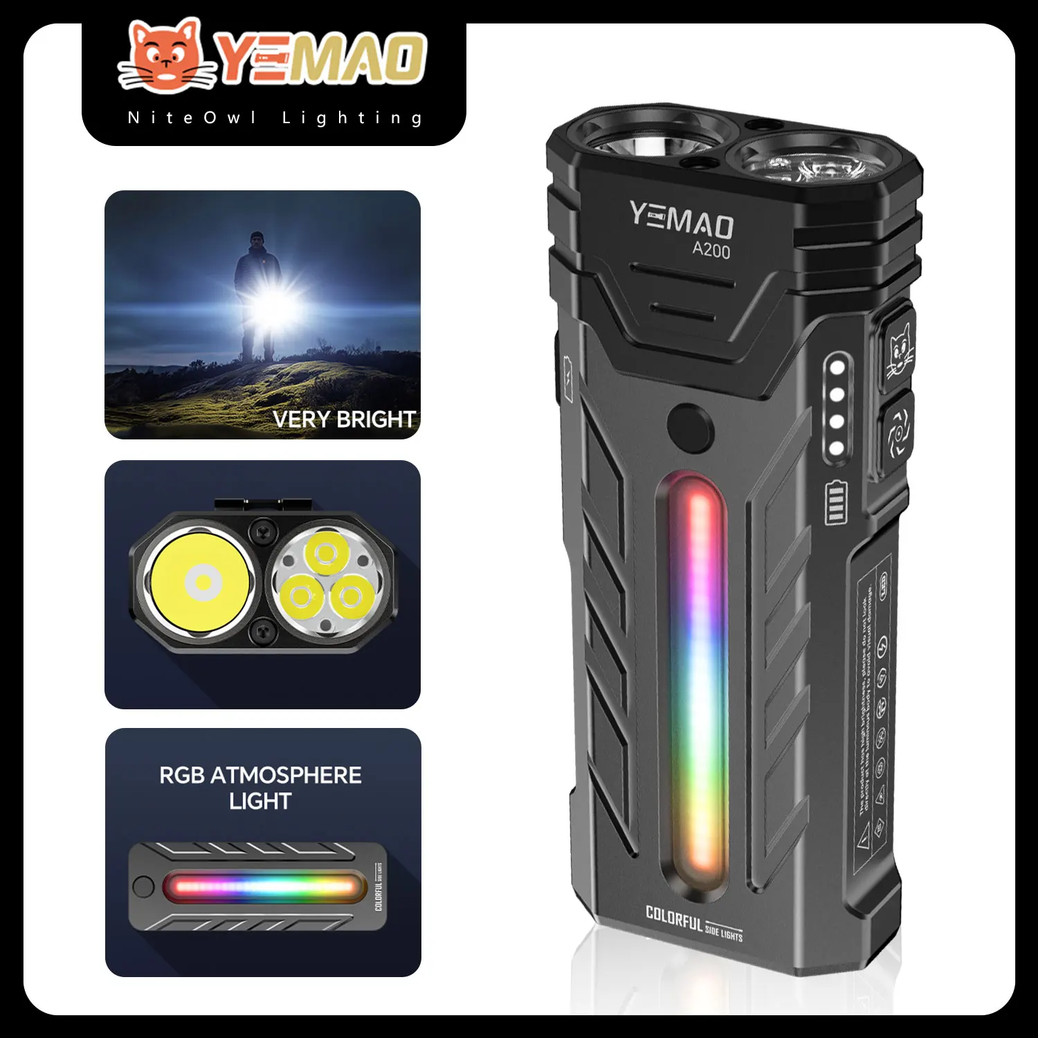

YEMAO A200 5200 lumens Dual Core RGB Lamp With Metal Clip Work Flashlight Magnetic EDC Torch for Job Site & Security Lighting