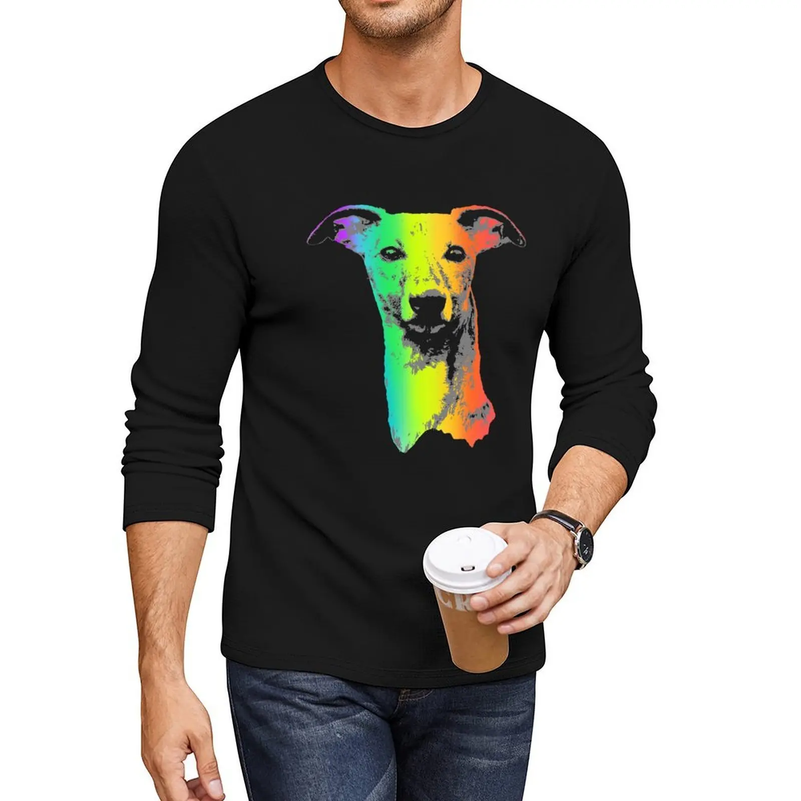 

Длинная футболка Rainbow Whippet, быстросохнущая футболка, футболки больших размеров, футболки для спортивных фанатов в стиле аниме, черные футболки для мужчин